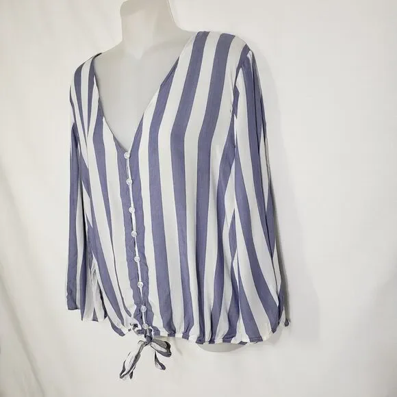 Olive + Oak Womens Blouse Size XL Blue White Striped Button Up Tie Elastic Waist - Picture 7 of 10